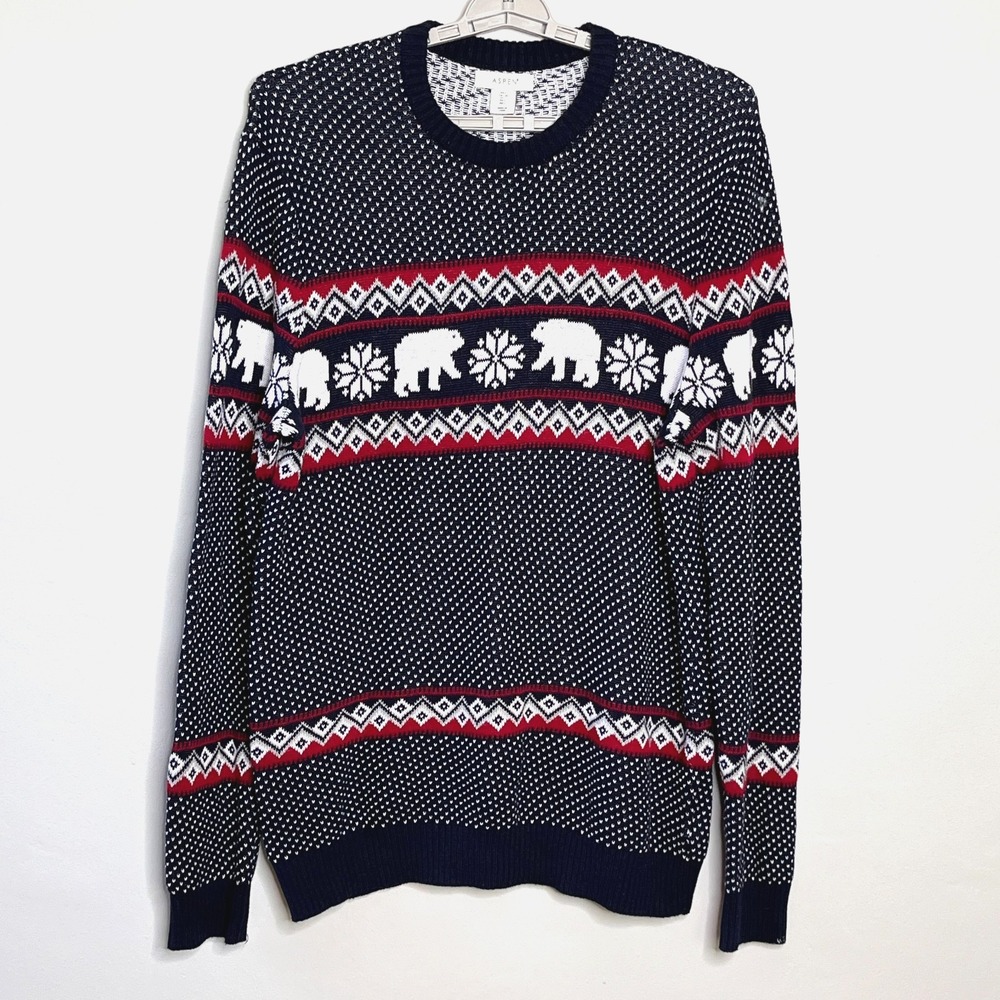 Aspen Mens L Sweater‎ Cotton Knit Polar Bear Snowflake Fair Isle Blue Winterwear